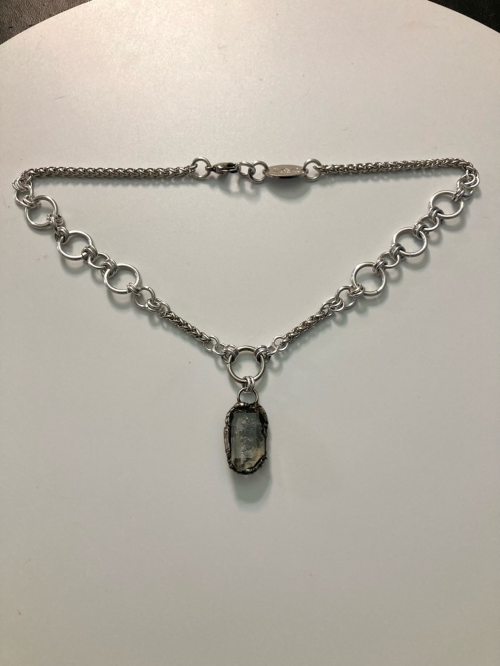 Smoky black herkimer diamond crystal on handmade maille stainless steel chain - Picture 10 of 15